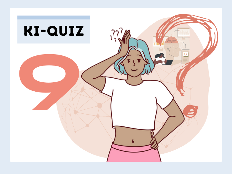 KI-Quiz Grafik Mädchen mit türkisen Haaren und großem Fragezeichen 