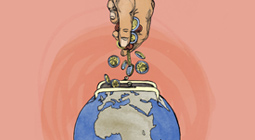 Illustration mit Hand, Geld und Weltkugel