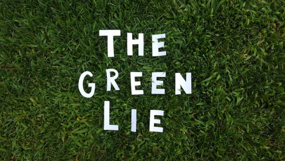 Schriftzug "The green lie" auf Wiese liegend