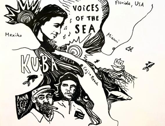 Illustration in schwarz-weiß mit Schriftzug Kuba und Kopf von Che Guevara, Fidel Castro