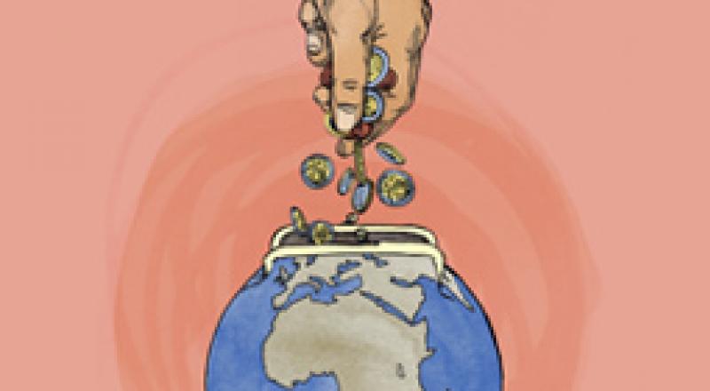 Illustration mit Hand, Geld und Weltkugel