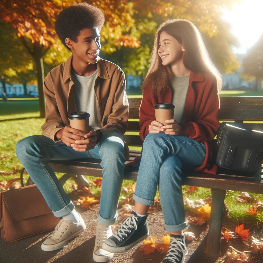 dalle_2023-11-27_14.37.11_-_a_photo-realistic_image_of_two_teenagers_one_black_male_and_one_hispanic_female_sitting_on_a_park_bench_on_a_sunny_autumn_day._they_are_holding_take.png