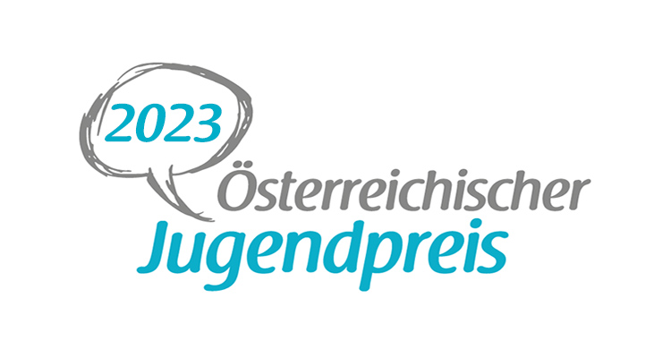 Schriftzug „Österreichischer Jugendpreis“ mit Jahreszahl 2023 in einer Sprechblase