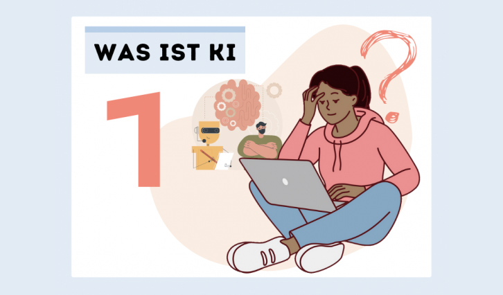 Illustration mit der Nummer 1 und Schrift "Was ist KI" und einem Mädchen mit Laptop.