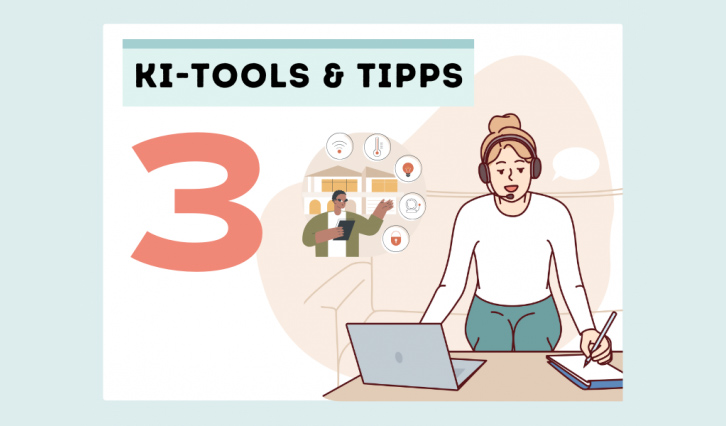 Illustration mit der Nummer 3 und Schrift "KI-Tools & Tipps" und einem Mädchen mit Laptop und Headset.
