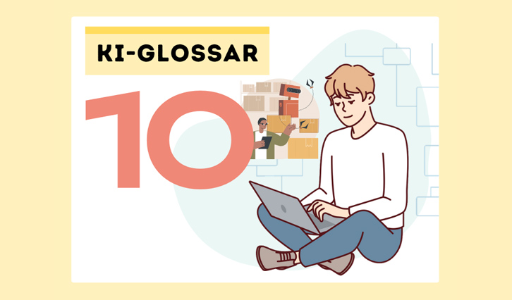 Illustration mit der Nummer 10 und Schrift "KI-Glossar" und einem Jungen mit Laptop.