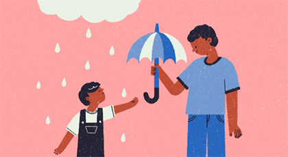 Illustration eines Kindes mit einem Erwachsenen, über dem Kind regnet es und der Erwachsene hält einen Schirm.