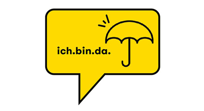 Gelbe Sprechblase mit Aufschrift "ich.bin.da" und einer Silhouette eines Regenscchirms.