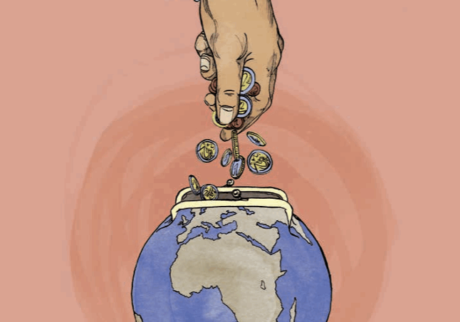 was kostet die Welt-Cover mit illustrierter Hand und Weltkugel