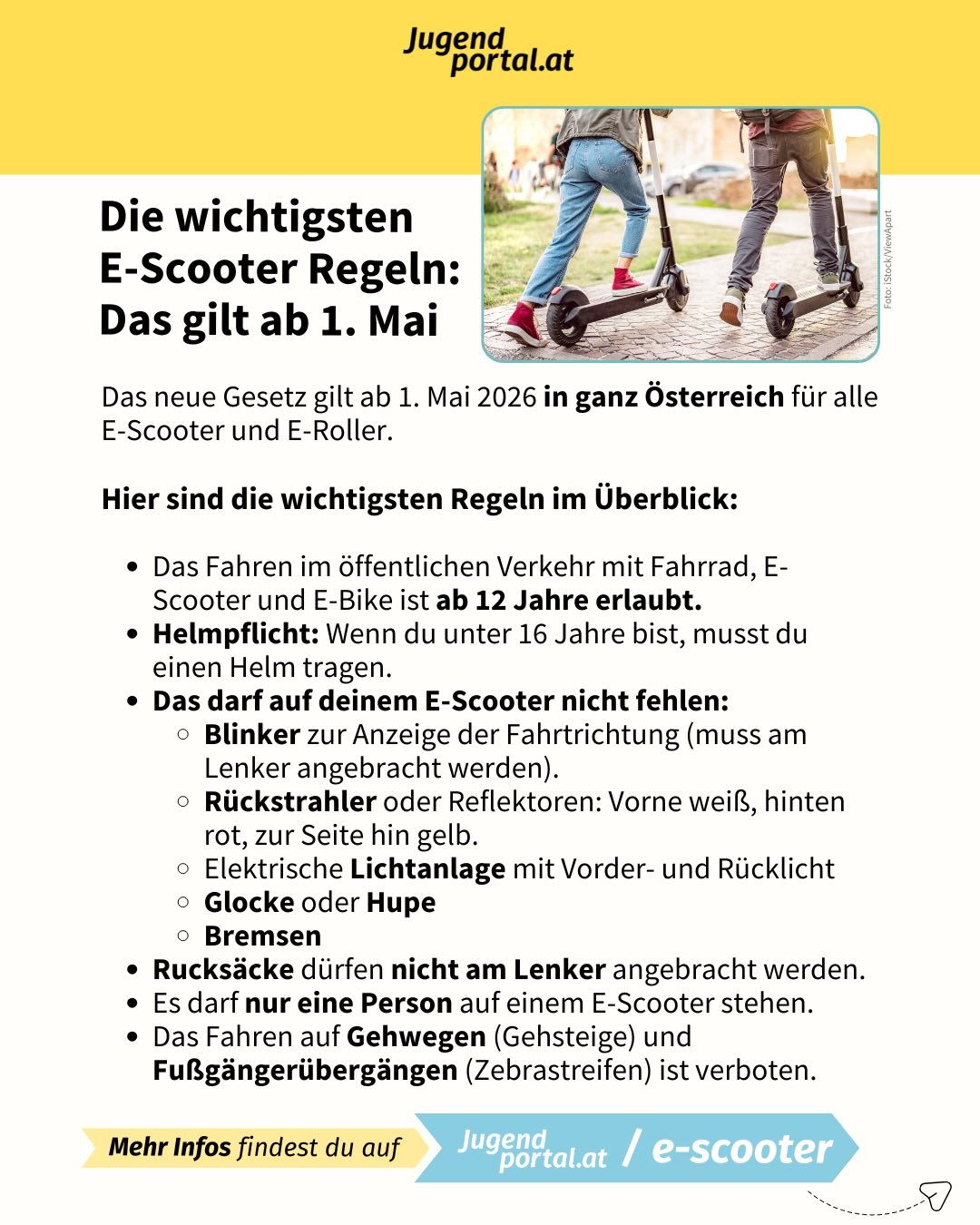 Bist du gerne mit dem E-Scooter unterwegs? 🛴  Ab 1. Mai 2026 gelten neue Regeln für E-Roller und E-Bikes im öffentlichen Verkehr ⚠️ Hier findest du die wichtigsten Regelungen im Überblick!

Speicher dir diese Infografik oder verschick sie an jemanden, der oder die gerne mit dem E-Roller unterwegs ist! ⏭️

In den letzten Jahren ist die Nutzung von E-Scootern, E-Bikes und E-Mopeds stark gestiegen, gleichzeitig nehmen Unfälle und Konflikte im Straßenverkehr zu. 

Ab 1. Mai 2026 (für E-Scooter und E-Bikes) und ab 1. Oktober 2026 (für E-Mopeds) gelten deshalb neue Gesetze für die verschiedenen E-Fahrzeuge. Sie sollen dazu beitragen, Unfälle zu reduzieren und das Miteinander im Straßenverkehr zu verbessern.

Mehr Infos findest du auf Jugendportal.at/e-scooter.