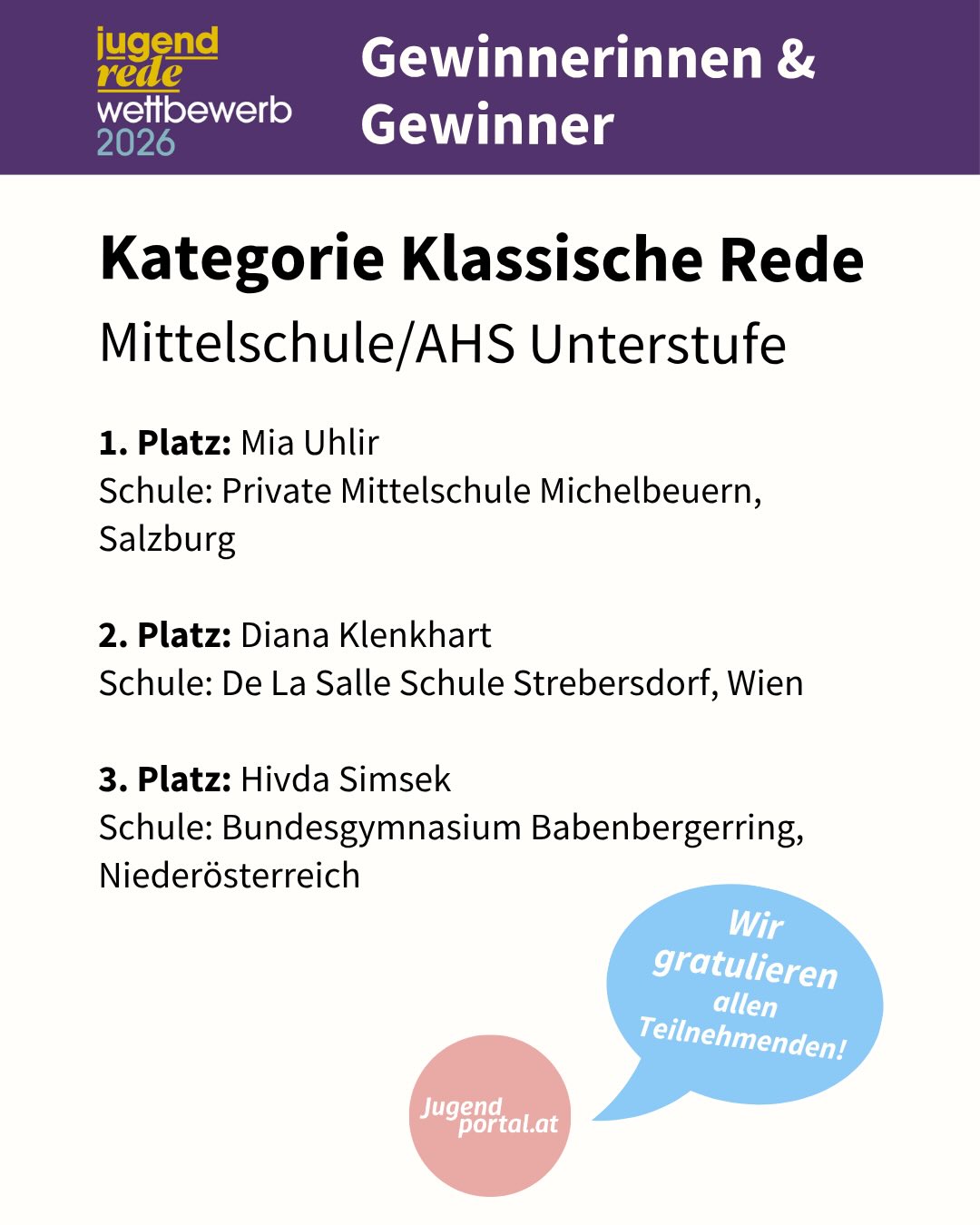 Am 3. Juni 2026 wurden die Gewinnerinnen und Gewinner des 73. Bundes-Jugendredewettbewerbs in Wien ausgezeichnet. Hier — und auf Jugendportal.at — findet ihr die gesamte Liste 📋

Wir gratulieren allen Teilnehmerinnen und Teilnehmern! 🎉👏🥳