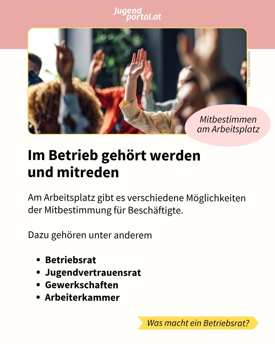 In jedem Betrieb haben Mitarbeiterinnen und Mitarbeiter neben ihren Pflichten auch Rechte auf Schutz, Sicherheit und Mitbestimmung 🤝 

Schau’ in unsere Themensammlung MITBESTIMMEN und erfahre mehr über Beteiligungsmöglichkeiten für junge Menschen in allen Lebensbereichen ✨ 🔗 Link in Bio